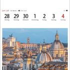 Kalenderdaten von 28. Juni bis 4. Juli. Skyline des historischen Stadtzentrums mit Kuppeln und Türmen bei sanftem Licht.