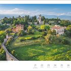 "Juni, 25. Woche, Montag Sommertag bis Sonntag Siebenschläfer. Villa Gera und Castello di Conegliano in Venetien, Italien." Hügelige Landschaft.