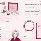 "Meine Freunde", "Hier kannst du ein Foto von dir einkleben", "Der coolste Ninja aus Naruto ist", "So würde mein Ninja-Symbol aussehen". Eine Illustration mit einer Manga-Figur in roter Kleidung. Ein offenes Freundebuch mit Bereichen zum Ausfüllen persönlicher Informationen und Vorlieben.