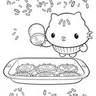 Illustration: Eine niedliche, katzenähnliche Figur verstreut Streusel über Gebäck in einer rechteckigen Schale.