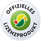 "OFFIZIELLES LIZENZPRODUKT" um ein Logo mit grünem Kreis und bunten Segmenten in der Mitte.
