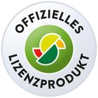 Text: "OFFIZIELLES LIZENZPRODUKT". Logo mit einem grünen, gelben und roten kreisförmigen Design in der Mitte.