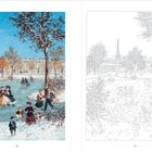 Links die Zahl 76, rechts die Zahl 77 unten. Illustration: Menschen eislaufen vor städtischer Kulisse und Bäumen im Schnee.