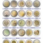 Überschrift: Übersicht aller bisherigen Motive der 2-Euro-Umlaufmünzen. Runden Münzen mit nationalen Symbolen.