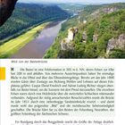 "Blick von der Basteibrücke" ist der Titel. Ein Fluss fließt durch eine grüne Landschaft, gesäumt von Bäumen und Felsen.