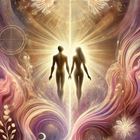 Text: "VI-DIE LIEBENDEN". Zwei Menschen in Licht, von Engelsflügeln umgeben, inmitten farbenfroher, abstrakter Muster.