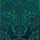 Illustration eines stilisierten Tiergesichts mit komplexen Mustern und Symbolen.