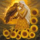 „Adler & Sonnenblume“ in geschwungener Schrift. Eine Frau in einem gelben Kleid neben einem Adler vor Sonnenblumen und Sonne.