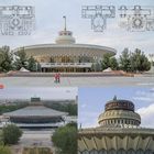 Texte: "TÜRKMENISTANYŇ DÖWLET SIRKI", "Zirkusgebäude, 2014", "2004", "2002", "023". Architekturpläne oben, Rundgebäude mit Kuppel.