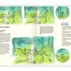 Text: "Probebühne digital", "Papier und Tablet kombinieren", "Kombi-Methode Papier und Tablet". Aquarellillustrationen einer Waldszene.