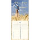 Text: "Gott hat seinen Engeln befohlen, dich zu beschützen, wohin du auch gehst. Psalm 91,11". Kalender Juli. Beine mit Sneakern in einem Weizenfeld.