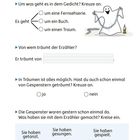 Seite 15 mit Fragen zu einem Gedicht über Gespenster. Zeichnung: fröhliches Gespenst mit Kerze und Kette.