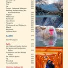 Inhaltsverzeichnis mit Orten und Seitenzahlen. Fotos: schneebedeckter Berg, Affe im Wasser, roter Torii mit Personen.