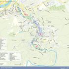 Karlovy Vary (Karlsbad). Restaurants, Hotels, Cafés und Sehenswürdigkeiten sind nummeriert. Eine Landkarte mit Straßen.