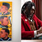 Links: Illustration verschiedener Haarschnitte mit Texten wie "EXTRA'O" und "LADIES CUT". Rechts: Person in rotem Anzug.