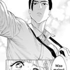 Ein Manga-Panel zeigt einen Mann mit Brille und offenem Hemd. Daneben schreit eine Frau mit "Was meinst du?" und "BADUMP".