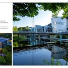 Die Texte beschreiben die "Gläserne Manufaktur" von Volkswagen in der Nähe des Großen Gartens. Moderne Gebäude am Wasser.