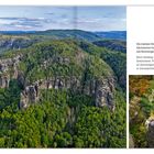 Texte beschreiben Kletterrouten in der Sächsischen Schweiz mit Namen wie Nonnengärtner. Links: beeindruckende Felsformationen in grüner Landschaft, rechts: schroffer Felsen mit Bäumen.