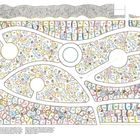 Gartenplan mit benannten Pflanzenarten, geschwungene Beete, farbige Symbole, erklärender Text unten, ovale und runde Formen.