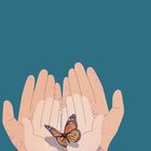 Illustration von offenen Händen, die einen Schmetterling in der Mitte halten, vor blauem Hintergrund.