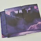 Auf der linken Seite steht Text auf Deutsch. Rechts eine Illustration mit einer Skyline bei Gewitter und lila Blitzen.