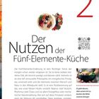 "Der Nutzen der Fünf-Elemente-Küche. Bild von Gemüse und Getreide, QR-Code, große rote Zahl 2, Schüssel mit Essen."