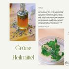 Das Bild zeigt Text über die Wirkung von Kräutern, ein Kräuteröl in einer Flasche und Schafgarbe in einem Glas.