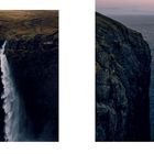 Links: "80", "ZWISCHEN WIND, FELS UND WASSER". Rechts: "81". Links Wasserfall, rechts Meeresklippe bei Sonnenuntergang.