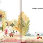 "Heute will ich draußen spielen." Illustration: Ein Kind mit Bollerwagen, Haus, Fahrrad, Garten. Ein anderes Kind auf Dreirad.