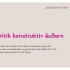 Text: Kritik konstruktiv äußern. Beige Hintergrund, Pinkes Logo oben rechts mit Herzsymbol.