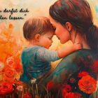 „Du darfst dich fallen lassen.“ Eine Illustration zeigt eine Frau, die ein Kind liebevoll umarmt, umgeben von Blumen.
