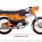 "Kreidler Florett – 1969", orange Moped, schwarzer Sitz, Chrom-Elemente, Kalender Juli unten.