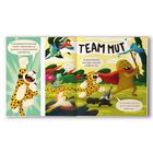 TEAM MUT, Comic-Stil: Fröhlicher Leopard, sprechende Tiere, dynamische Szene, bunter Dschungel.