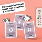 "Die zusätzlichen Regeln lassen euch schwitzen & schnaufen." Spielkarten mit Regeln und Illustrationen. Zahlen: 12+, 20-40’, 3-8.