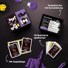 Text: "Jetzt wird’s b(l)eden los!", "Kompakte Box mit Kurzanleitung", "110 illustrierte Spielkarten", "Mit Regelablage". Spielkarten, Handschellen, lila BH.