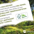 Text informiert über FSC-zertifiziertes Papier. Hintergrund zeigt einen sonnigen Wald. Links unten ist ein Delphin-Logo.