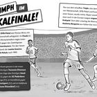 "Triumph im Pokalfinale!" Drei Fußballspieler rennen; einer dribbelt einen Ball im Stadion. Dynamische Bewegung.