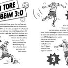 „Drei Tore beim 3:0“ steht oben. Die Seiten zeigen Fußballillustrationen mit Spielern und Bällen, Sternformen mit Zahlen.