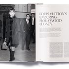 LOUIS VUITTON'S ENDURING HOLLYWOOD LEGACY. Links Frau mit Mantel und Louis Vuitton Tasche, daneben Männer in Anzügen.