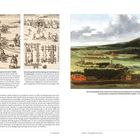 Links: Zwei historische Illustrationen von Kanonen und Herstellung aus dem 17. Jahrhundert. Rechts: Landschaftsgemälde.