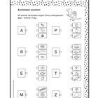 Überschrift: "ganzheitlich". Aufgabe: Buchstaben Essen zuordnen. Bilder von Lebensmitteln neben Buchstaben. Dinobild oben.