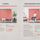 "Planks, 6 Wdh.; Ausgangsposition: Bauchlage. Beckenboden-Training, 8 Wdh.; Ausgangsposition: Auf einen Stuhl oder Hocker setzen." Links: eine Person im Plank, rechts: eine Person auf einem Hocker sitzend, beide vor rosa Hintergrund.