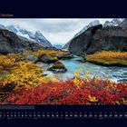 Text oben links: "10 Oktober". Fluss durch eine herbstliche Landschaft mit roten und gelben Büschen, große Felsen.