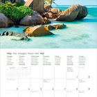 Kalendermonat Mai in mehreren Sprachen, darunter Montag bis Sonntag. Darunter eine Küstenlandschaft mit Palmen und Felsen.