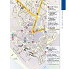 Übersichtskarte von Conil de la Frontera mit gelb hervorgehobenen Hauptstraßen, Essens- und Übernachtungsorten.