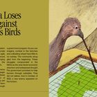 "1932 Australia Loses A War Against Flightless Birds." Drei Emus mit Helm beraten über eine Karte. Illustrativ.