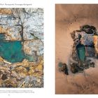 Chapel Rock Tidal Pool, Perranporth, Vereinigtes Königreich. Zwei Luftaufnahmen zeigen natürliche Felsenbecken im Sand.