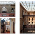 Text unten links: "Li Europan lingues es membres del sam familie. Lor separat.",
Rechts: helle, offene Galerie aus Backstein mit Glasdach.