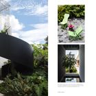 "TOP: Nullam dictum felis eu pede mollis pretium. OPPOSITE: Aenean vulputate eleifend tellus. LOeREM IPSUM."

Links eine schwarze Wendeltreppe vor weißer Wand; rechts Gartenmöbel und Pflanzen.