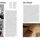 Links: "Arne Jacobsen", viele Textabschnitte. Rechts: "Gio Ponti", ähnliche Textstruktur. Oben rechts: Porträt, unten: Stühle.